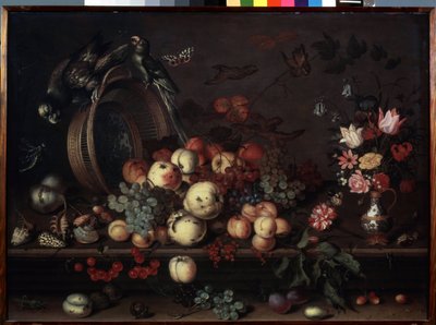 "Bodegón con frutas, flores y loros" (también llamado "Bodegón con frutas, conchas e insectos") Pintura de Balthasar van der Ast (1593/4-1657 ) hacia 1620 Dim. 75x104 cm Museo Ermi de Balthasar van der Ast