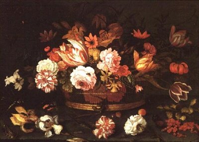 Rosas, tulipanes en una canasta de Balthasar van der Ast