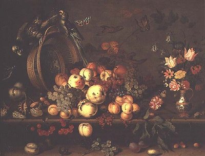Naturaleza muerta con frutas, flores y loros, principios de 1620 de Balthasar van der Ast