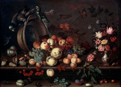 Naturaleza muerta con frutas, flores y loros, 1620s de Balthasar van der Ast