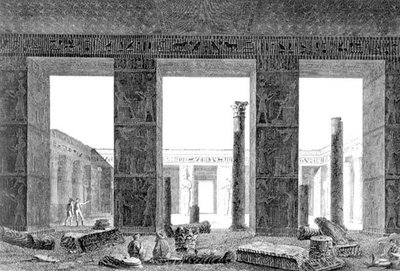 Vista del peristilo del palacio, Medynet-Abon, Tebas, lámina 14 del Vol II de `Descripciones de Egipto`, grabado por Reville, pub. bajo las órdenes de Napoleón de Balzac (after)
