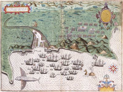 Plano de Santiago, Islas de Cabo Verde, mostrando el ataque de Sir Francis Drake al fuerte español el 17 de noviembre de 1585, c.1588-9 de Baptista Boazio