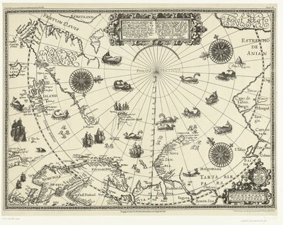 Mapa de los países alrededor del Círculo Polar Ártico con los tres viajes de los holandeses en 1598 de Baptista van (after) Doetechum