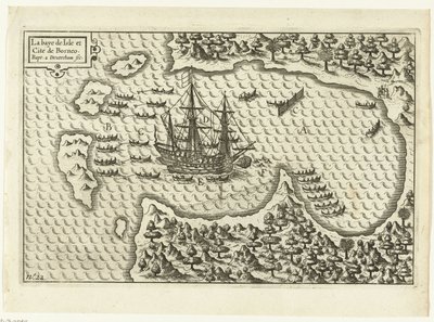Llegada a Borneo, 1600 La baye de Isle et Cite de Borneo (título en el objeto), RP-P-OB-75.411 de Baptista van Doetechum