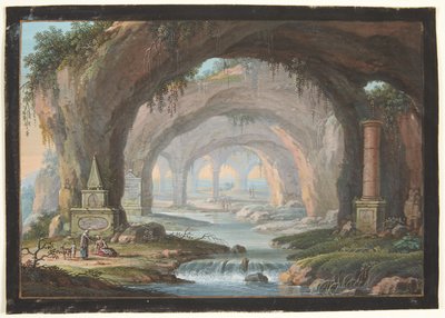 Paisaje con grutas perforadas, monumentos funerarios, un río y figuras de Barbara Dietzsch