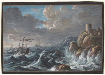 Escena marina con una costa rocosa y barcos en peligro de Barbara Dietzsch