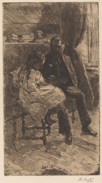 Interior con un hombre y una chica leyendo un libro juntos de Barbara Elisabeth van Houten (signed by artist)