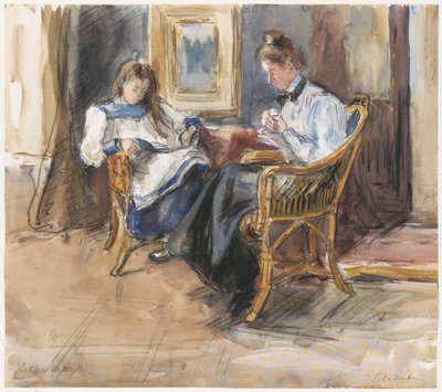 Artesana y niña lectora sentadas en sillas de mimbre, en la casa de Riouwstraat 6, La Haya de Barbara Elisabeth van Houten