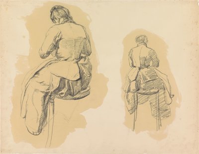 Dos estudios de una mujer sentada en un taburete, vista desde atrás de Barbara Elisabeth van Houten