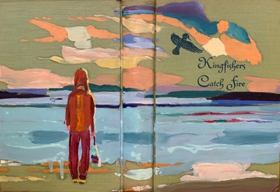kingfishers catch fire, 2022 (óleo sobre cubierta de libro de lino antiguo) de Barbara Hoogeweegen