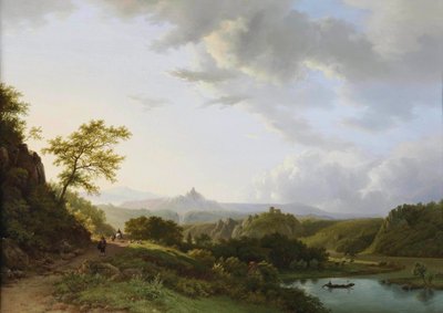 Un paisaje panorámico de verano con viajeros y las ruinas de un castillo a lo lejos de Barend Cornelis Koekkoek