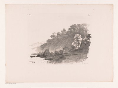 Paisaje montañoso con río, camino rural y casas. Estudios de paisaje sexta entrega (título de la serie) de Barend Cornelis Koekkoek
