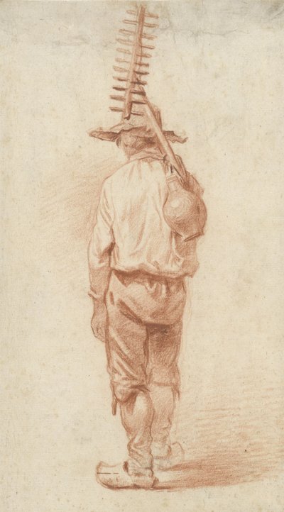 Agricultor de pie con rastrillo y jarra sobre el hombro, visto desde atrás de Barend Cornelis Koekkoek