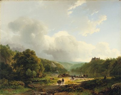 Descargando la barcaza en un paisaje ondulado, 1831 de Barend Cornelis Koekkoek