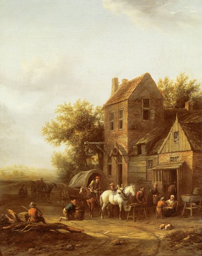 Viajeros abrevando sus caballos fuera de una posada de Barend Gael or Gaal