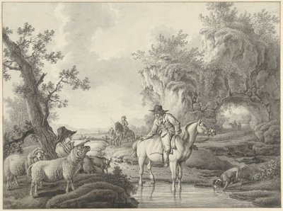 paisaje con un pastor y un jinete por un estanque de Barend Hendrik Thier