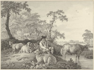 Pastor con ovejas, una cabra y un toro joven en un paisaje de Barend Hendrik Thier