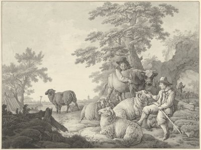 Pastor con ovejas y un niño con un toro joven en un paisaje de Barend Hendrik Thier