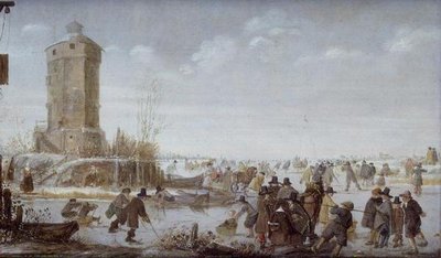 Patinadores y figuras elegantes con trineos tirados por caballos en un río congelado junto a una torre de Barent Avercamp