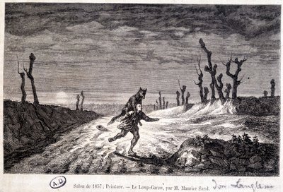 Hombre lobo (licántropo) atacando a un hombre - de pintura ap. por Maurice Sand exhibida en el Salón de 1857. de Baron Dudevant Jean Francois Maurice (after) Sand