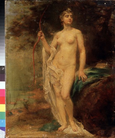 Diana (Diana). La diosa desnuda sostiene su arco con rostro altivo cerca de un río en el bosque. Pintura de Ernest Karlovich Liphart (1847-1932), óleo sobre lienzo. Arte ruso de Baron Ernest Friedrich von Liphart