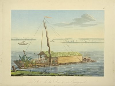 Balsa en el río Guayaquil, dibujada por Marchais, grabada por Bouquet, ilustración de "Vues des Cordillères et Monumens des Peuples Indigènes de l