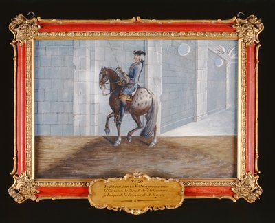 No. 20 Un caballo gris moteado de la Escuela Española de Equitación realizando el paso de doma Volte de Baron Reis Eisenberg