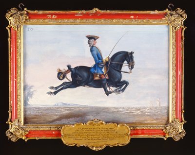 No. 50 Un caballo negro azabache llamado Curioso realizando un movimiento de doma llamado Capriole de Baron Reis Eisenberg