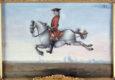 No. 51 Un caballo gris moteado de la Escuela Española de Equitación realizando un movimiento de doma llamado Capriole de Baron Reis Eisenberg
