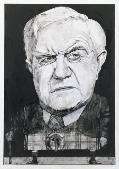 Retrato de Andrew Cruickshank, ilustración para The Sunday Times de Barry Fantoni
