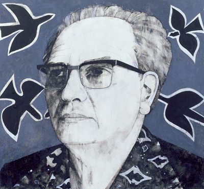 Retrato de Olivier Messiaen, ilustración para The Sunday Times de Barry Fantoni
