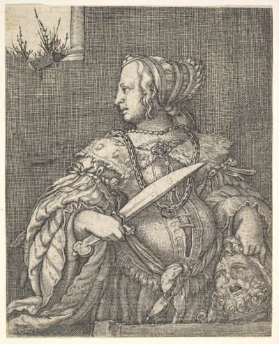 Judith, medio cuerpo y de perfil a la izquierda, una espada en su mano derecha y la cabeza de Holofernes de Barthel Beham
