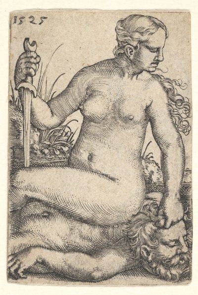 Judith, mirando hacia la derecha, sentada desnuda sobre el cuerpo muerto de Holofernes, con una espada de Barthel Beham