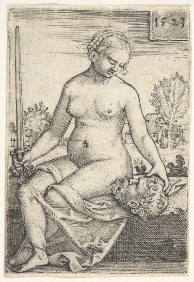 Judith, desnuda sentada con una espada en su mano derecha, mirando hacia la cabeza de Holofernes, 1523 de Barthel Beham