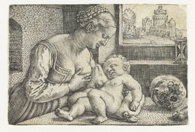 María con el niño en el pecho y el cráneo de Barthel Beham