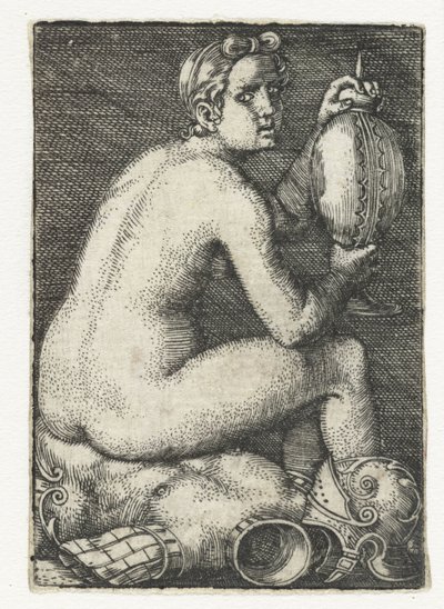 mujer desnuda, sentado, en, armadura de Barthel Beham