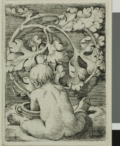 Niño desnudo, visto desde atrás sentado frente a un recipiente de Barthel Beham