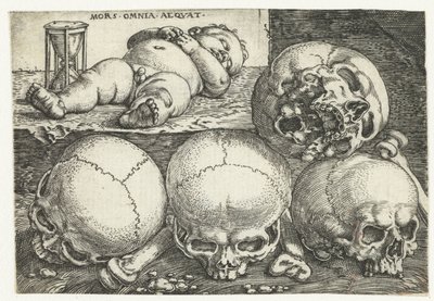 Niño dormido con reloj de arena y cuatro calaveras Derrame Omnia Aequat (título sobre objeto) de Barthel Beham