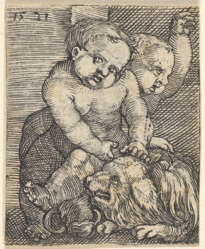 Dos niños jugando con un perro de Barthel Beham