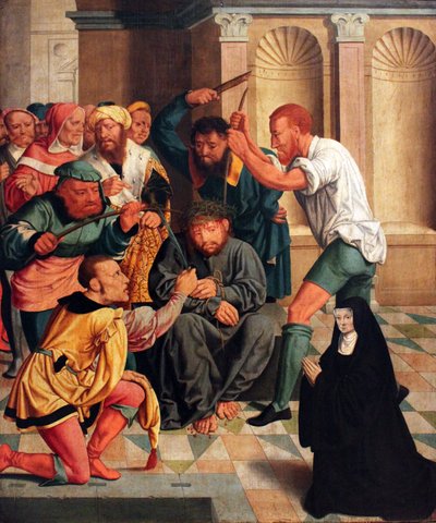 Alemán: Dornenkrönung Christi mit kniender Benediktinerin als Stifterin Cristo coronado de espinas con una monja benedictina arrodillada como donante de Bartholomaeus Bruyn the Elder