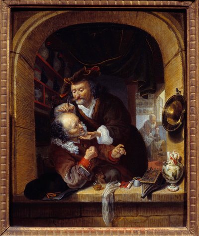 Medicina: un doctor realiza una pequeña sangría para tratar los dolores de cabeza de su paciente de Bartholomaus Maton