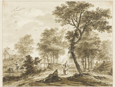 Paisaje con figuras ya la izquierda un hombre en una batea de Bartholomeus Barbiers