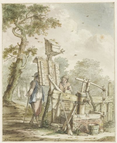 Paisaje con dos hombres en una valla publicitaria junto a una bomba de agua de Bartholomeus Barbiers