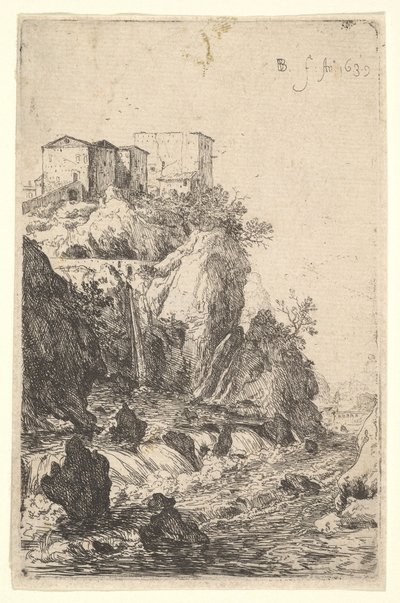 Cascadas cerca de Ponte della Trave, con edificios en un saliente rocoso arriba, de la serie..., 1639. de Bartholomeus Breenbergh