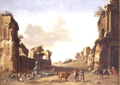 Ruinas clásicas con campesinos abrevando sus animales de Bartholomeus Breenbergh