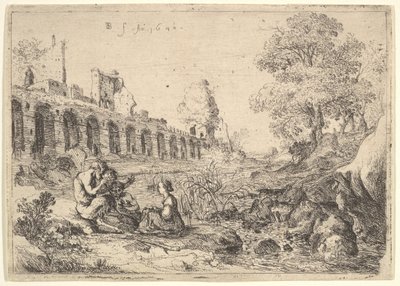 Córcega sentada ante sátiros en la orilla de un río, de un par de placas para Battista Gu..., 1640 de Bartholomeus Breenbergh