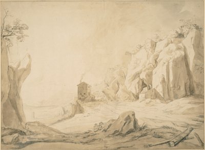 Paisaje con un camino al pie de acantilados cerca de Bracciano de Bartholomeus Breenbergh