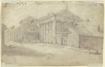Calle con antiguo templo de orden jónico, ahora iglesia cristiana con una columnata añadida de Bartholomeus Breenbergh