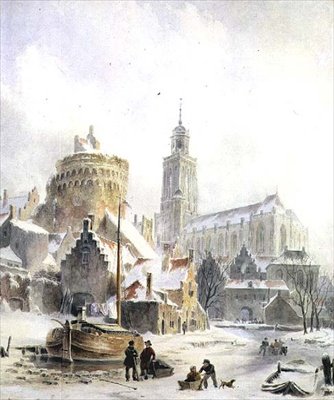 Niños jugando en un río congelado, Catedral de Deventer al fondo de Bartholomeus Johannes van Hove