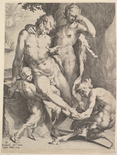 Oreadas quitando una espina del pie de un sátiro, 1590 de Bartholomeus Spranger